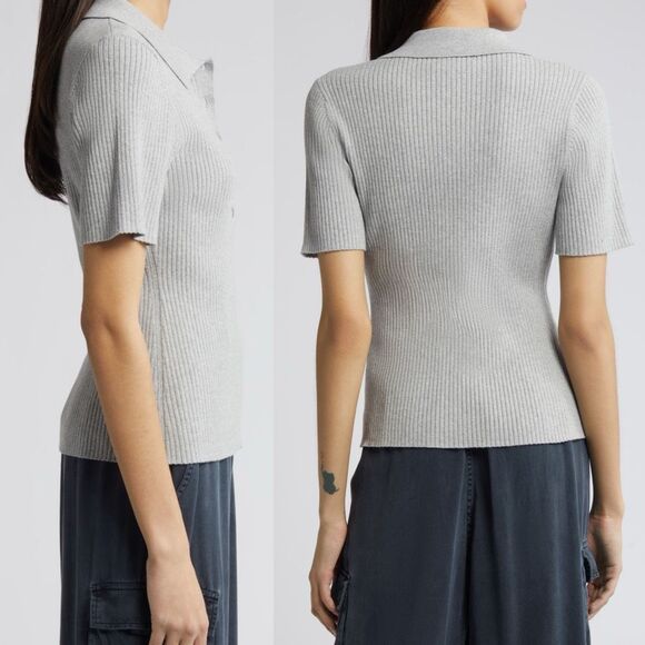 Treasure & Bond Short Sleeve Ribbed Polo Sweater Top Gray | Medium - Picture 3 of 11